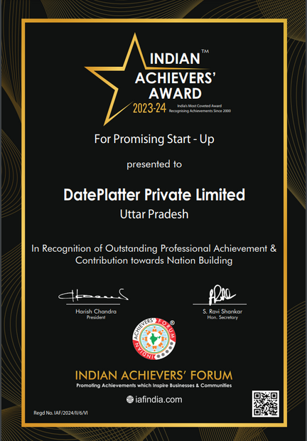 DatePlatter has been honored with the prestigious "Indian Achievers' Award for Promising Start-Up, 2023-24" by the Indian Achievers' Forum! 
Revolutionizing the Event tech domain with innovative & Aritficial Intelligence.
